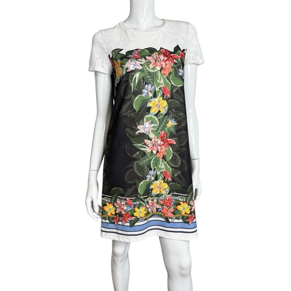 Desigual Black with Multi Color Tropical Print Short Sleeve Sheath T-Shirt Dress - Picture 5 of 8
